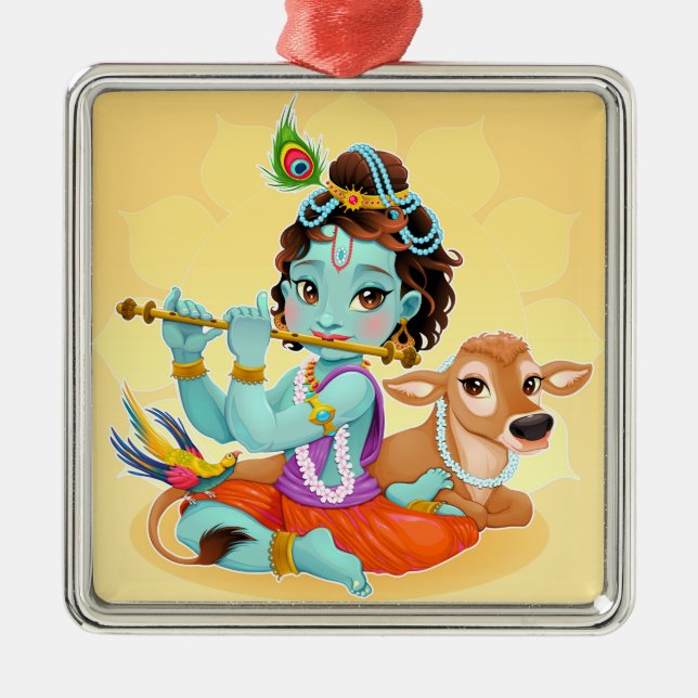 Cute Tiny Krishna & Cow Metal Tree Decoration (Front)