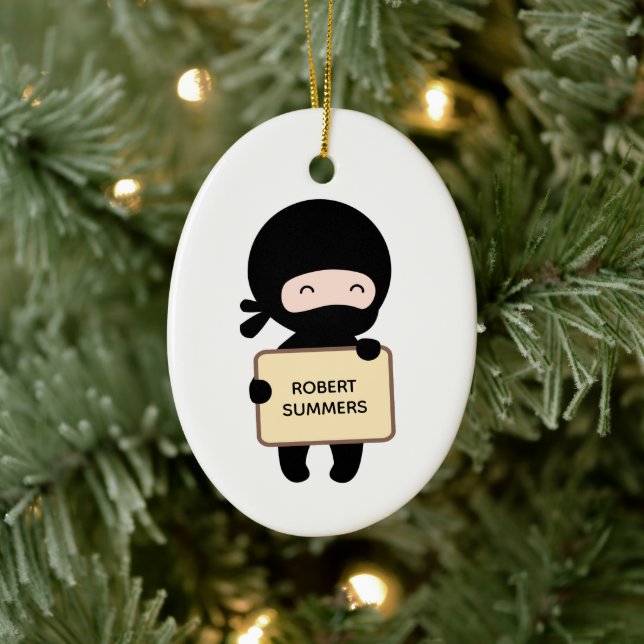 Cute Tiny Ninja Holding Sign, Custom Name Ceramic Tree Decoration (Tree)