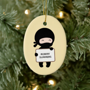 Cute Tiny Ninja Holding Sign, Custom Name Yellow Ceramic Tree Decoration