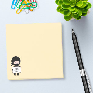 Cute Tiny Ninja Holding Sign on Yellow Custom Text Post-it Notes