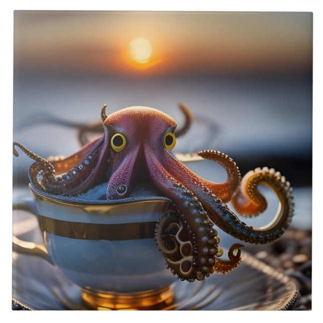  Cute tiny octopus in a teacup at sunrise Tile (Front)