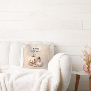 Cute Tiny Owl and Halloween Pumpkins Cushion