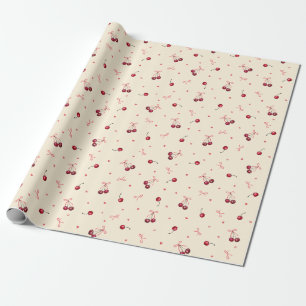 Cute Tiny Pink Red Cherries Hearts Bows Cream Wrapping Paper