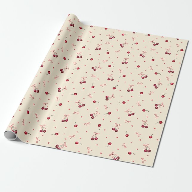Cute Tiny Pink Red Cherries Hearts Bows Cream Wrapping Paper (Unrolled)