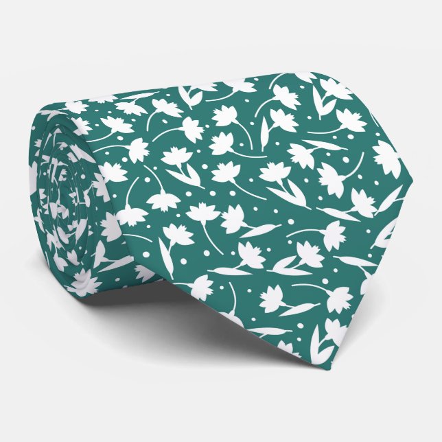 Cute tiny white flower pattern turquoise pattern tie (Rolled)