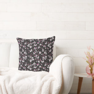 cute tiny white pink flower with black background cushion