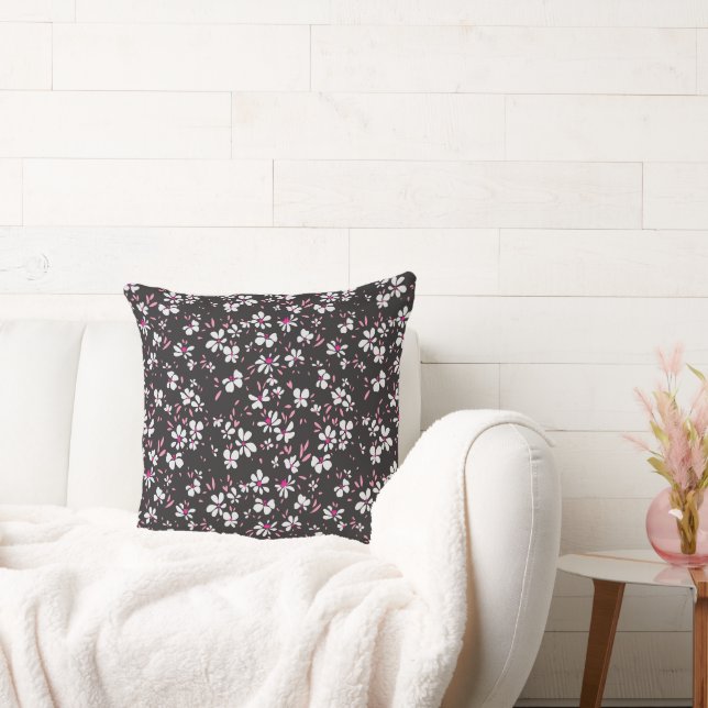 cute tiny white pink flower with black background cushion (Couch)