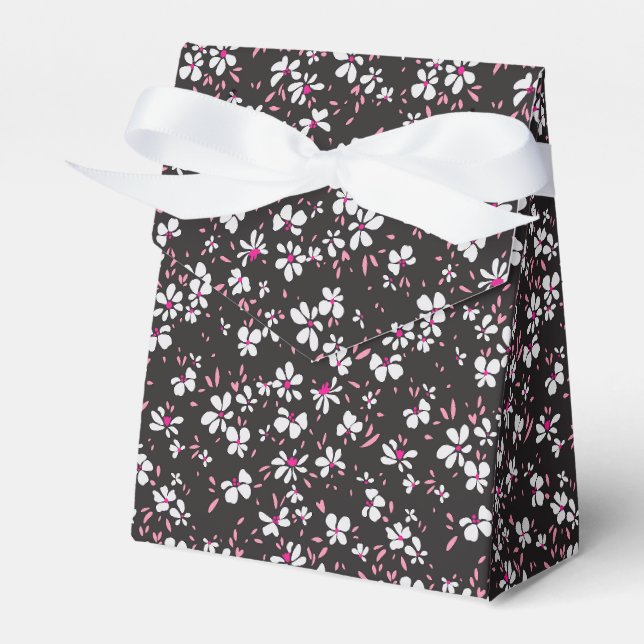 cute tiny white pink flower with black background favour box (Front Side)