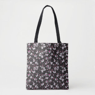 cute tiny white pink flower with black background tote bag