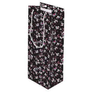 cute tiny white pink flower with black background wine gift bag