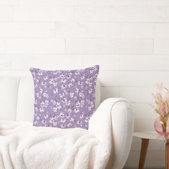 cute tiny white purple flower with blue background cushion (Couch)