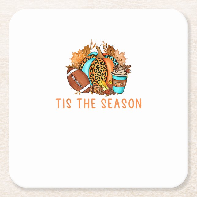 Cute Tis The Season Pumpkin Spice Latte Fall Footb Square Paper Coaster (Front)