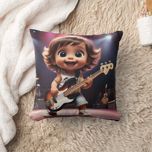 Cute Toddler Playing Bass Guitar Live in Concert Cushion (Blanket)