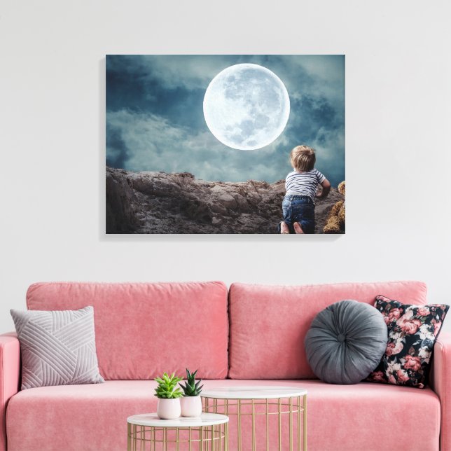 Cute Toddler saying Goodnight to the Huge Moon Canvas Print (Insitu(LivingRoom))