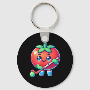 Cute Tomato Playing Field Hockey Cartoon Key Ring