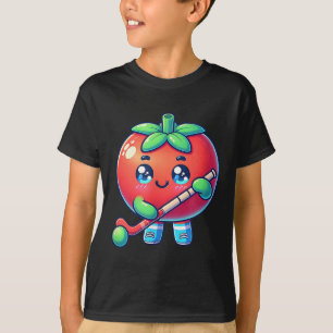 Cute Tomato Playing Field Hockey Cartoon T-Shirt