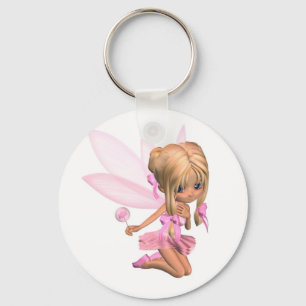 Cute Toon Ballerina Fairy in Pink - kneeling Key Ring