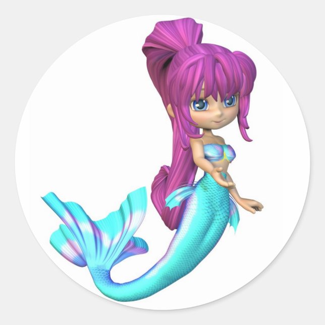 Cute Toon Bright Blue Mermaid Classic Round Sticker (Front)