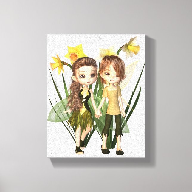 Cute Toon Daffodil Fairy Boy and Girl Canvas Print (Front)