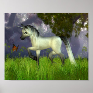 Cute Toon Unicorn with Woodland Background Poster