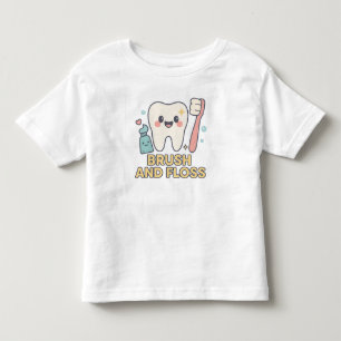 Cute Tooth Cartoon - Brush and Floss Dental Hygien Toddler T-Shirt