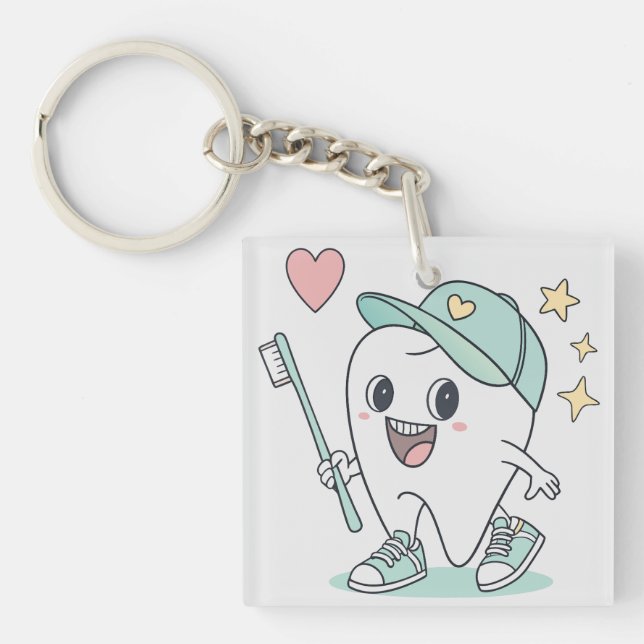 Cute Tooth Cartoon – Kids Dental Acrylic Keychain (Front)