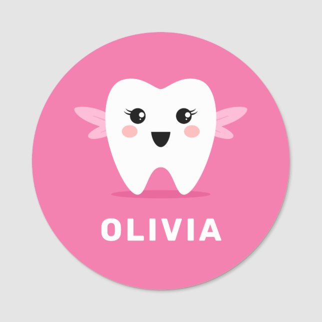 Cute tooth fairy paediatrics family dentist pink name tag (Front)