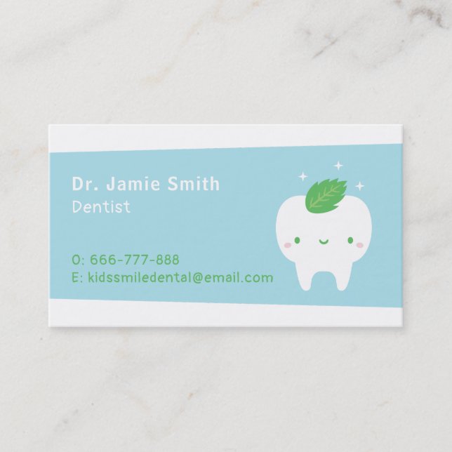 Cute Tooth Mint Leaf Dentist Business Cards (Front)