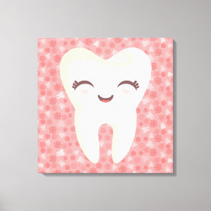 Cute Tooth on Pink Pattern - Stretched Canvas Art