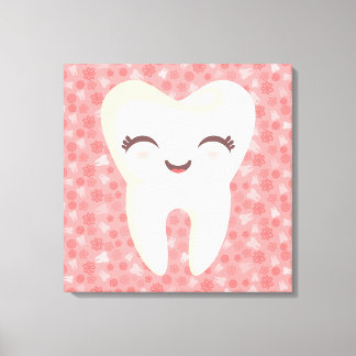Cute Tooth on Pink Pattern - Stretched Canvas Art