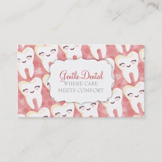 Cute Tooth Pattern - Pink Custom Business Cards (Front)