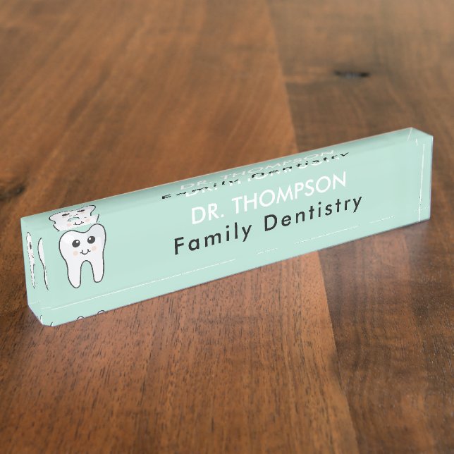 Cute Tooth Teal Mint Dentist Doctor Nameplate (Side)