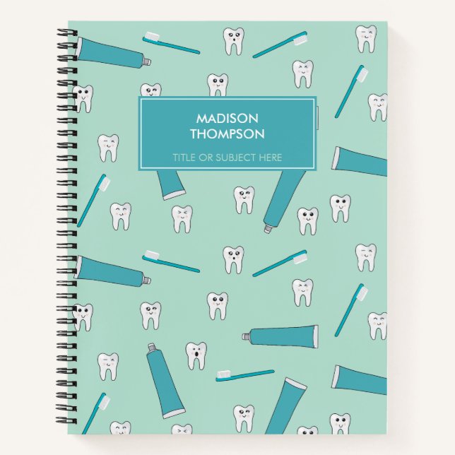 Cute Tooth Teal Mint Toothpaste Toothbrush Pattern Notebook (Front)