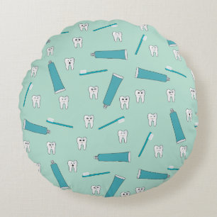 Cute Tooth Teal Mint Toothpaste Toothbrush Pattern Round Cushion
