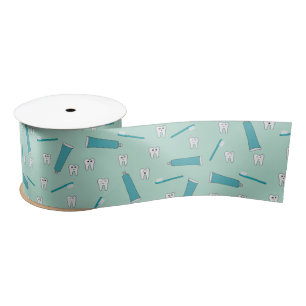 Cute Tooth Teal Mint Toothpaste Toothbrush Pattern Satin Ribbon