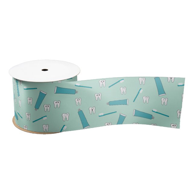 Cute Tooth Teal Mint Toothpaste Toothbrush Pattern Satin Ribbon (Spool)
