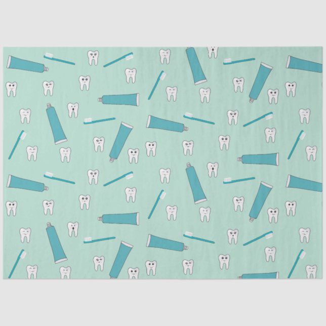 Cute Tooth Teal Mint Toothpaste Toothbrush Pattern Tissue Paper (Front)