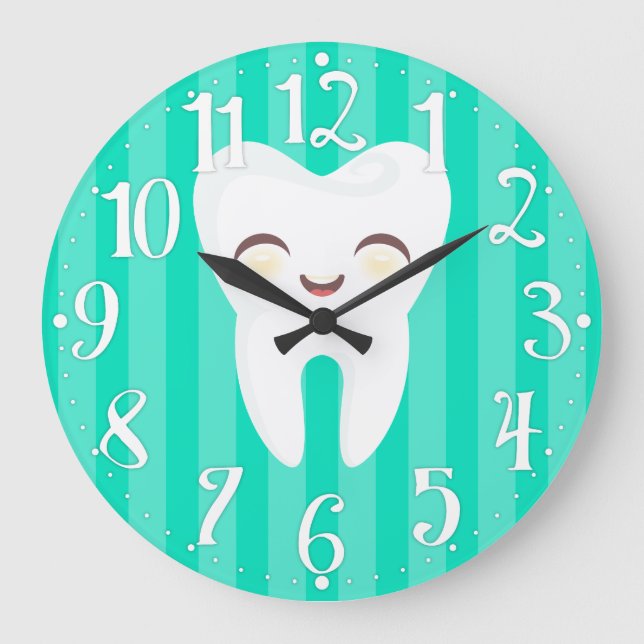 Cute Tooth - Teal Striped Dental Wall Clock (Front)
