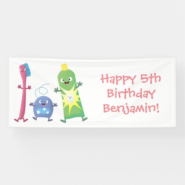 Cute toothbrush toothpaste dental floss cartoon banner (Horizontal)