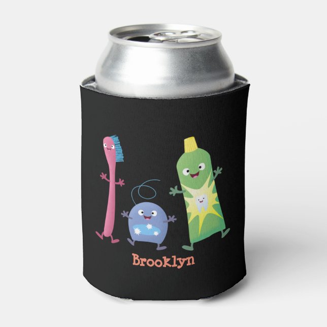 Cute toothbrush toothpaste dental floss cartoon can cooler (Can Front)