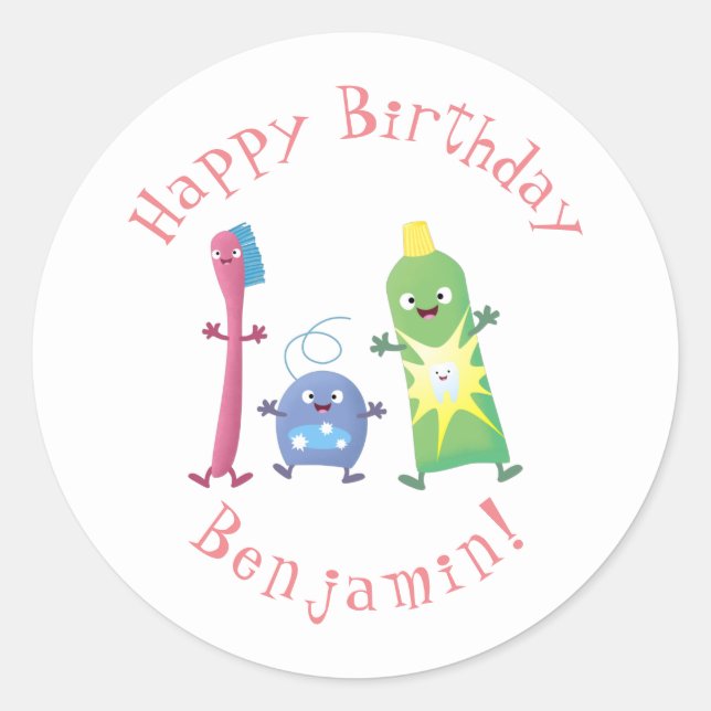 Cute toothbrush toothpaste dental floss cartoon classic round sticker (Front)