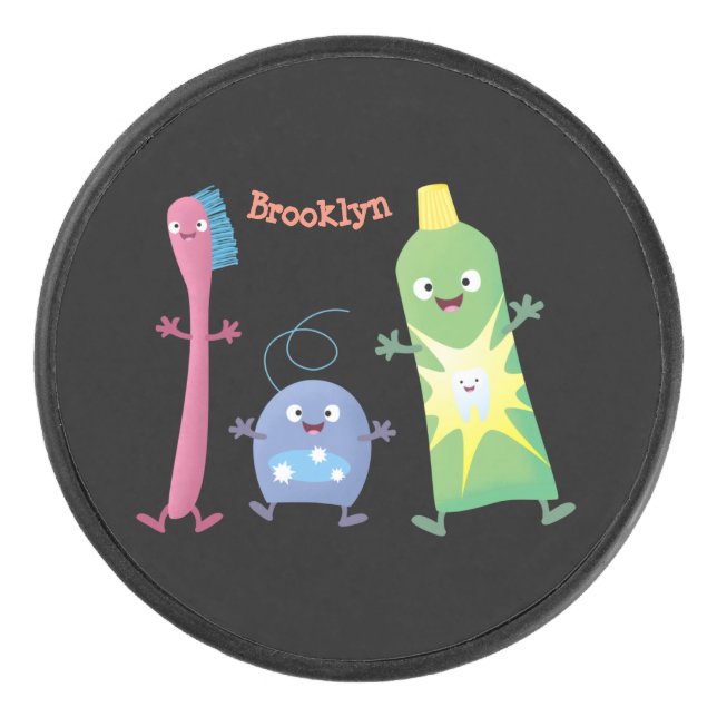 Cute toothbrush toothpaste dental floss cartoon hockey puck (Front)