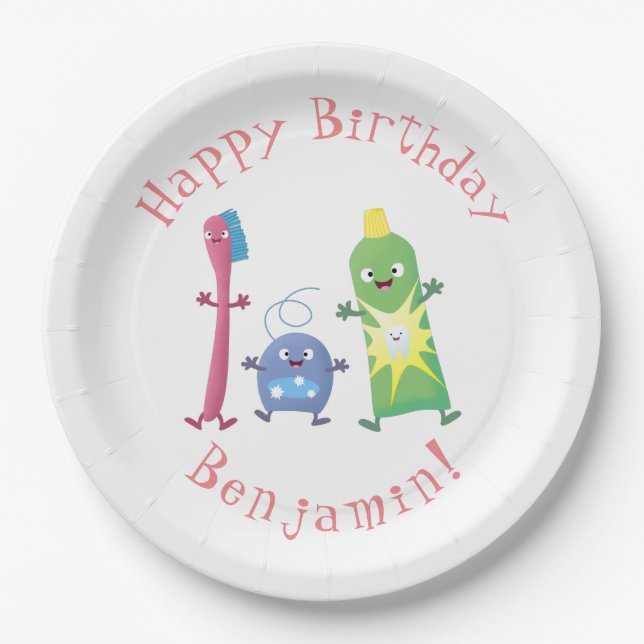 Cute toothbrush toothpaste dental floss cartoon paper plate (Front)