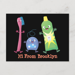 Cute toothbrush toothpaste dental floss cartoon postcard