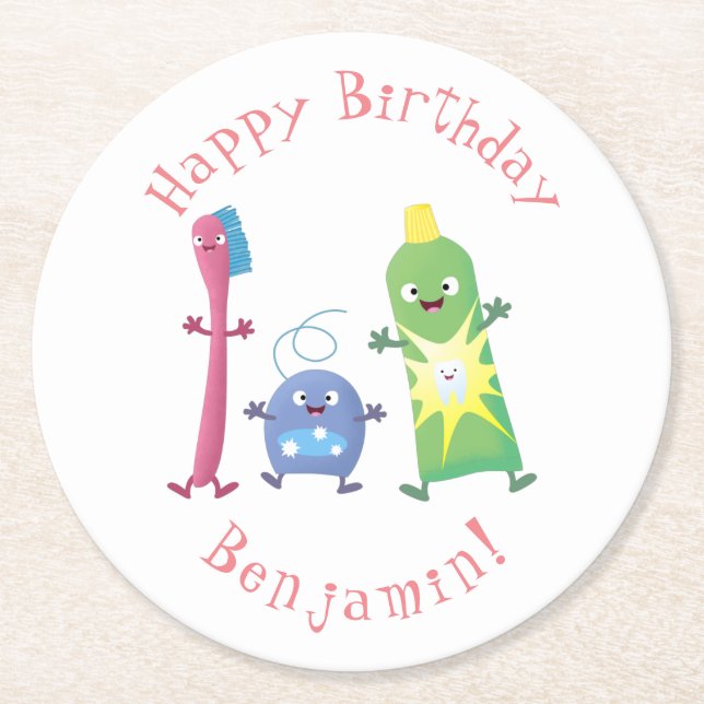 Cute toothbrush toothpaste dental floss cartoon round paper coaster (Front)