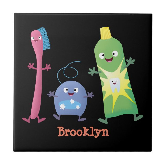 Cute toothbrush toothpaste dental floss cartoon tile (Front)
