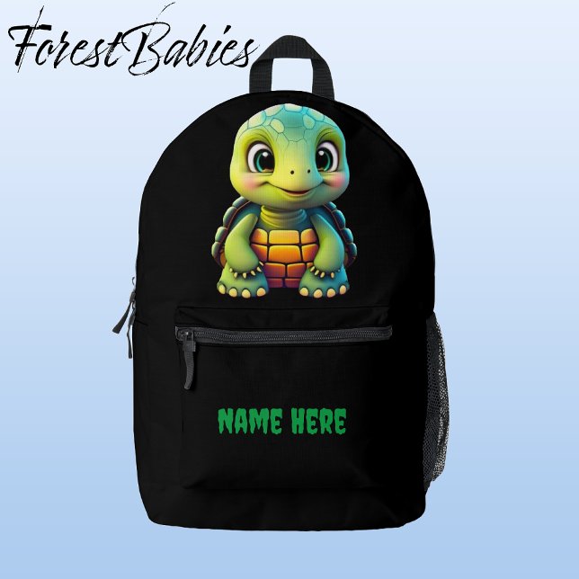 Cute Tortoise Box Turtle Animal Cartoon Graphic Printed Backpack (Tortoise, Black Customizable ForestBabies Backpack - Front)
