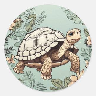 Cute tortoise on floral classic round sticker