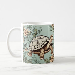 Cute tortoise on floral coffee mug