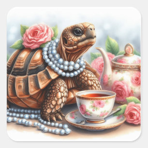 Cute Tortoise Tea Party Square Sticker
